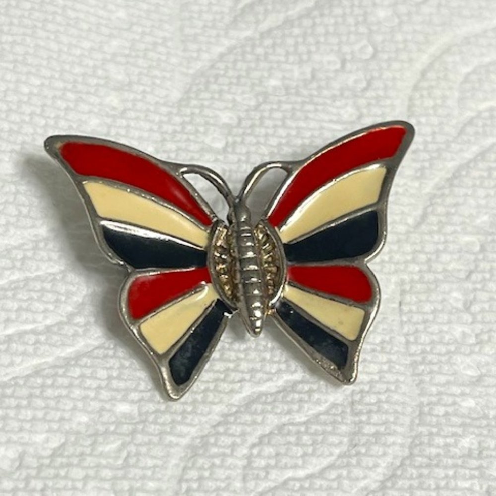 VTG Patriotic Red White Blue Enamel Butterfly Brooch Hat Scarf Pin 1.75"x1.25"